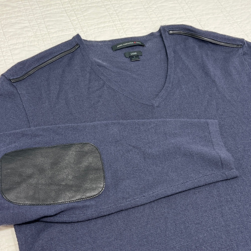 John Varvatos USA Luxe Navy Merino Wool V-Neck Sweater Leather Elbow Patches L